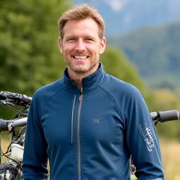 Portrait of Mark Jenkins, founder, smiling and standing beside a touring bicycle.