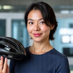 Portrait of Sarah Chase, smiling with a bike helmet in hand.