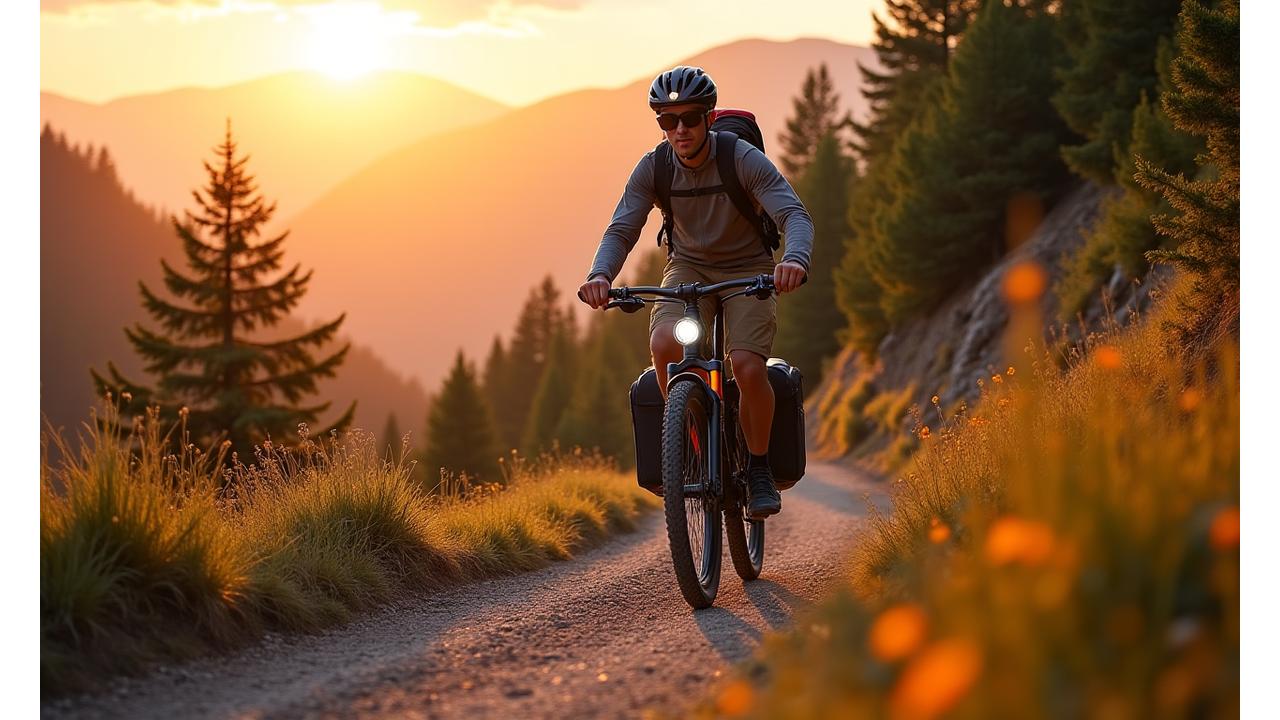Adventurous e-biker navigating a winding mountain road with advanced gear, showing integrated electronic systems and sturdy accessories