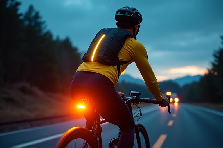 E-biker wearing high-visibility gear with bright reflective strips, cycling safely on a road at dusk