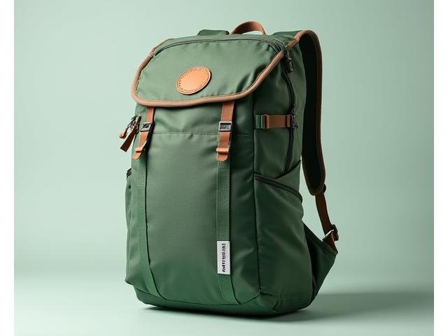 Backpack made from recycled ocean plastic, with a tag indicating its sustainable origin