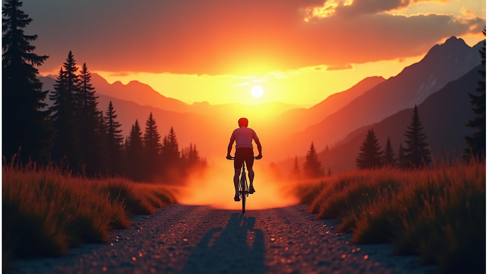 Cyclist on a mountain trail with epic sunset, showcasing adventure and freedom on a bike touring journey.